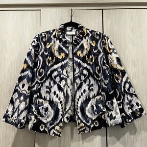 Chico’s Linen Cotton Blend Artistic Print Bolero Jacket Blue Yellow White Size 8